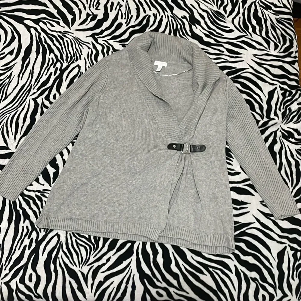 Charter club grey long sleeved faux leather buckle cardigan size 1x